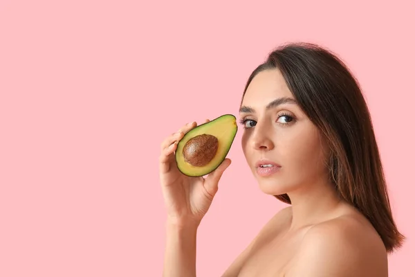 Naked Young Woman Fresh Avocado Color Background Vegan Day — Stock Photo, Image