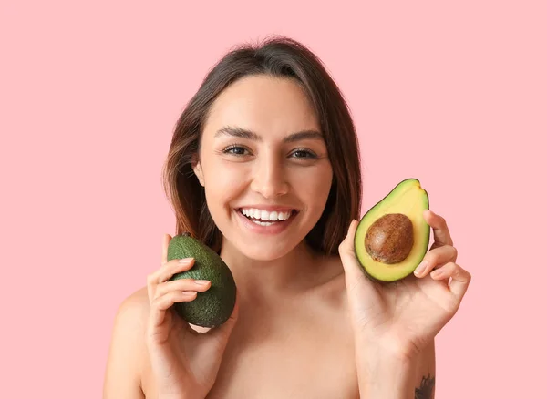 Naked Young Woman Fresh Avocado Color Background Vegan Day — Stock Photo, Image