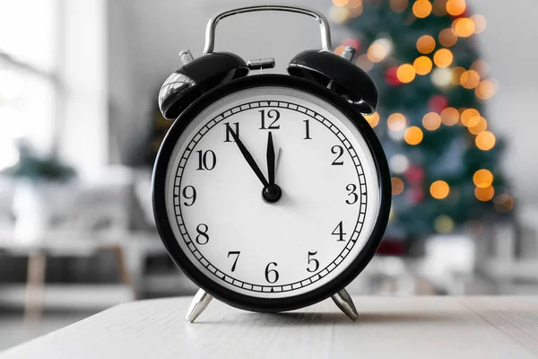 Vintage Alarm Clock Table Room Decorated Christmas Closeup — Stock Photo, Image