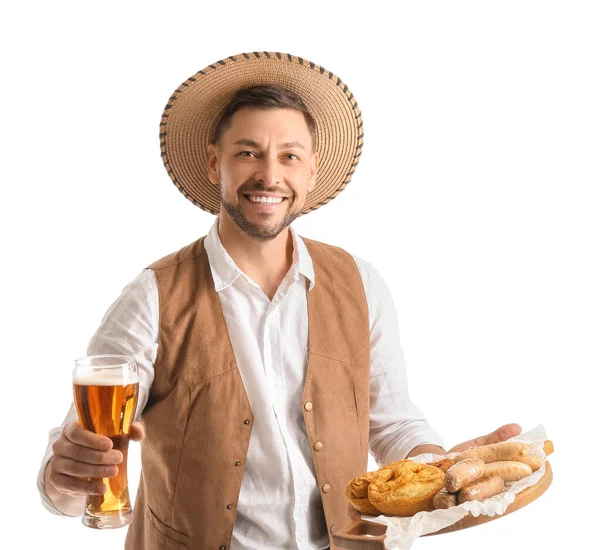 Young Man Traditional German Clothes Beer Food White Background — Stock Photo, Image