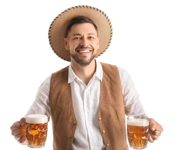 Junger Mann Traditioneller Deutscher Kleidung Mit Bier Auf Weißem Hintergrund — Stockfoto