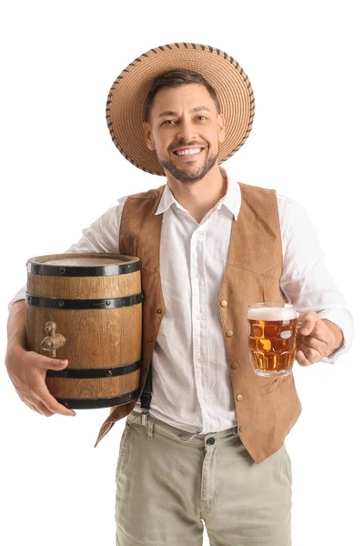 Jovem Roupas Tradicionais Alemãs Com Cerveja Barril Fundo Branco — Fotografia de Stock