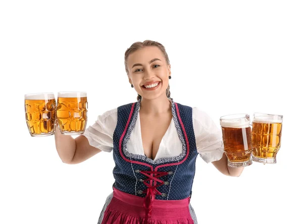 Jong Oktober Serveerster Met Bier Witte Achtergrond — Stockfoto