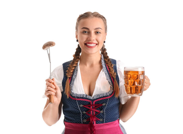 Young Octoberfest waitress with beer and sausage on white background