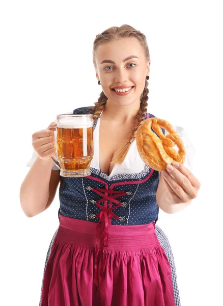 Jovem Garçonete Octoberfest Com Cerveja Pretzel Sobre Fundo Branco — Fotografia de Stock