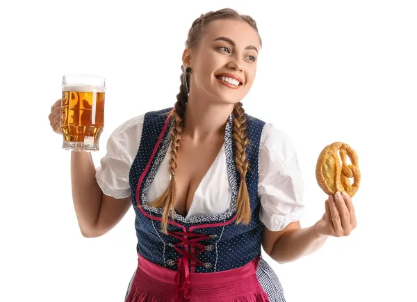 Junge Oktoberfest Kellnerin Mit Bier Und Brezel Auf Weißem Hintergrund — Stockfoto