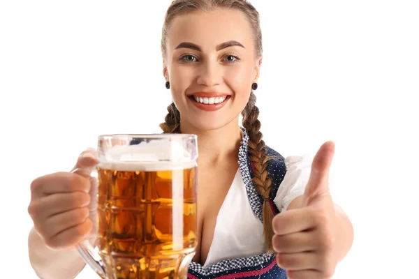 Camarera Joven Del Octoberfest Con Cerveza Mostrando Pulgar Hacia Arriba — Foto de Stock