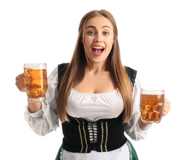 Překvapená Oktoberfest Servírka Světlým Pivem Bílém Pozadí — Stock fotografie