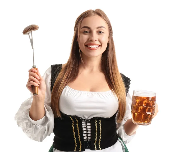 Bela Garçonete Octoberfest Com Cerveja Pálida Salsicha Fundo Branco — Fotografia de Stock