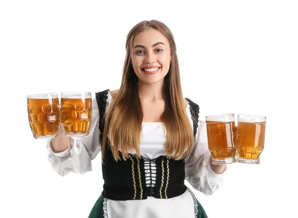 Mooi Oktober Serveerster Met Bleek Bier Witte Achtergrond — Stockfoto