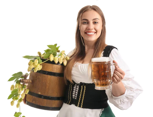 Schöne Oktoberfest Kellnerin Mit Bier Und Fass Auf Weißem Hintergrund — Stockfoto