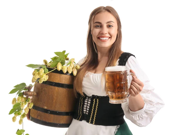 Güzel Ekim Festivali garsonu. Beyaz arka planda bira ve fıçıyla.