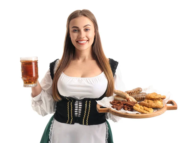 Bela Garçonete Octoberfest Com Cerveja Pálida Comida Fundo Branco — Fotografia de Stock