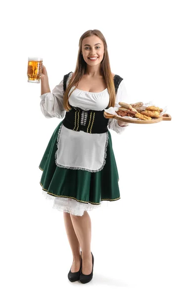 Beautiful Octoberfest Waitress Pale Beer Food White Background — Stock Photo, Image