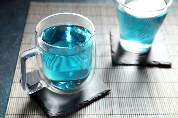 Glass Cups Organic Blue Tea Table Closeup — Stock Photo, Image