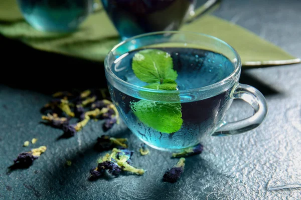 Glass Cup Organic Blue Tea Dried Flowers Mint Dark Background — Stock Photo, Image