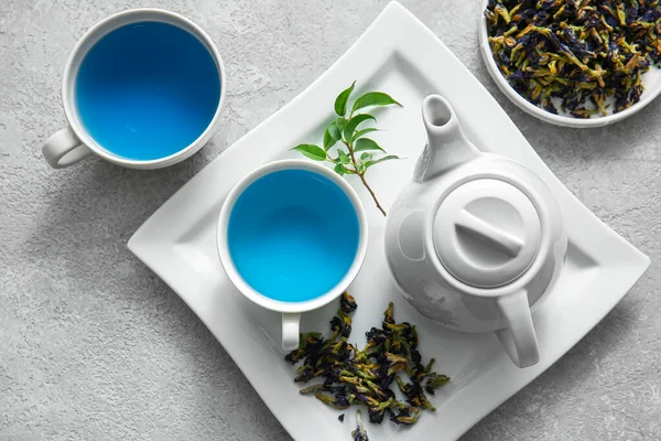 Cups Organic Blue Tea Dried Flowers Light Background — Stock Photo, Image