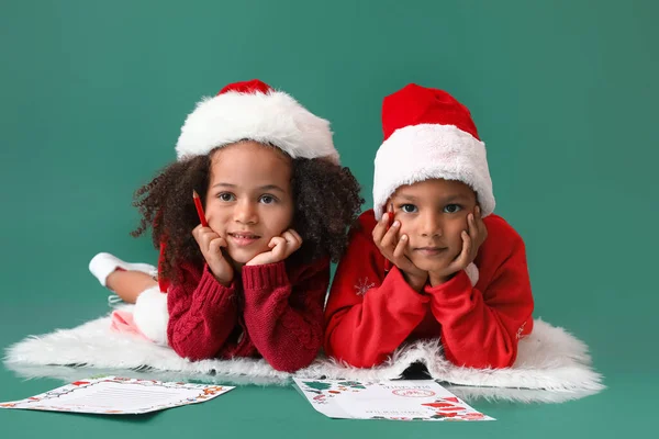 Cute African American Children Writing Letters Santa Color Background — Stock Photo, Image