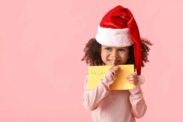 Cute African American Girl Letter Santa Color Background — Stock Photo, Image