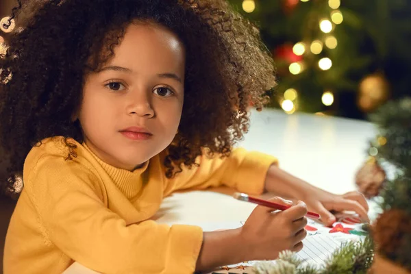 Cute African American Girl Writing Letter Santa Home — Stock Photo, Image