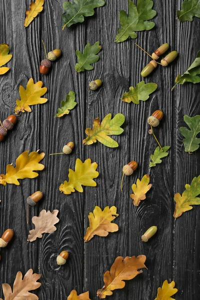 Oak Tree Leaves Acorns Dark Wooden Background — Stock Photo, Image