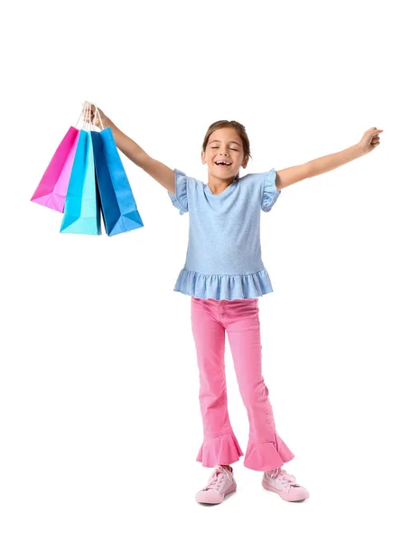 Little Girl Black Friday Shopping Bags White Background — Stock Photo, Image