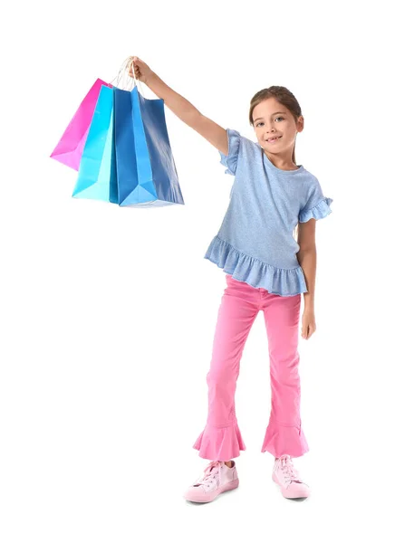 Bambina Con Venerdì Nero Shopping Bags Sfondo Bianco — Foto Stock