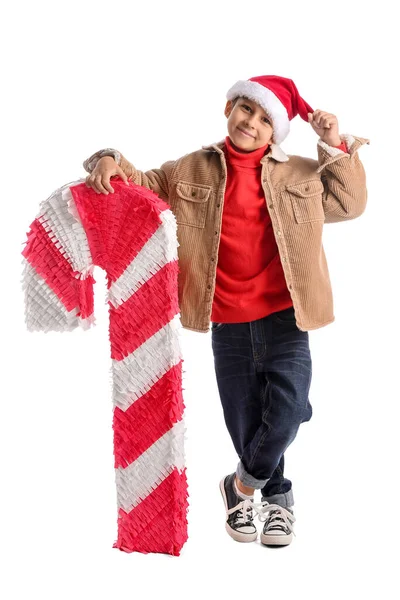 Menino Bonito Com Pinata Cana Doces Fundo Branco — Fotografia de Stock