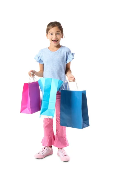 Surprised Little Girl Black Friday Shopping Bags White Background — Stock Photo, Image