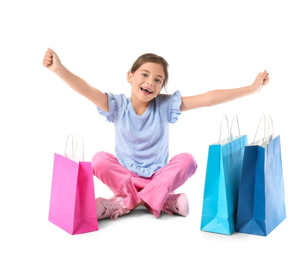 Little Girl Black Friday Shopping Bags White Background — Stock Photo, Image