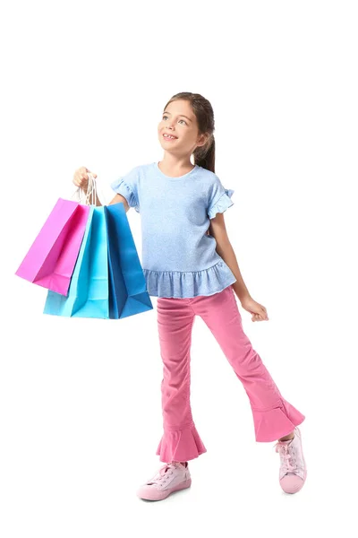 Little Girl Black Friday Shopping Bags White Background — Stock Photo, Image
