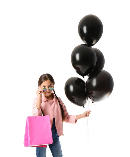 Little Girl Black Friday Shopping Bags Balloons White Background — Stock Photo, Image