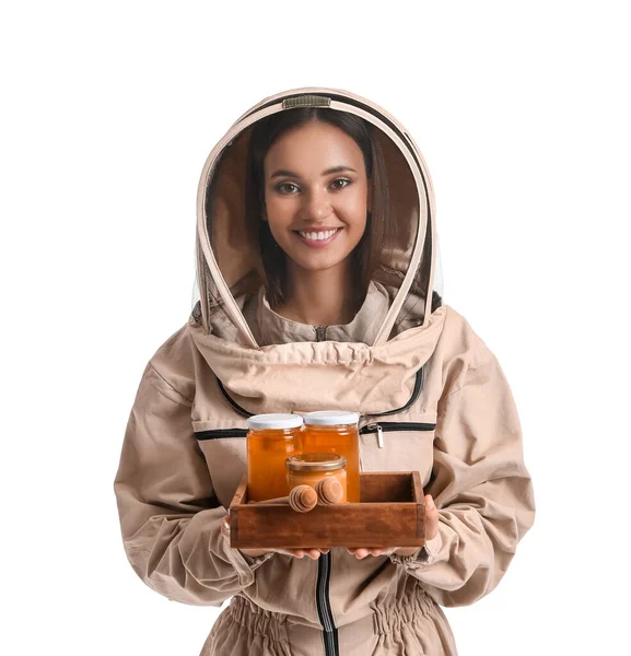 Kvinnlig Biodlare Med Honung Vit Bakgrund — Stockfoto