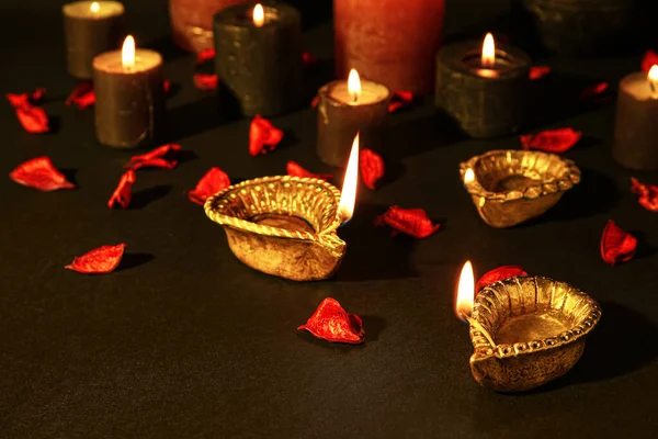 Diya Lamps Diwali Candles Flower Petals Table — Stock Photo, Image