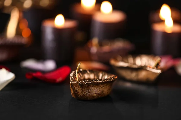 Diya Lamps Diwali Flower Petals Dark Background — Stock Photo, Image