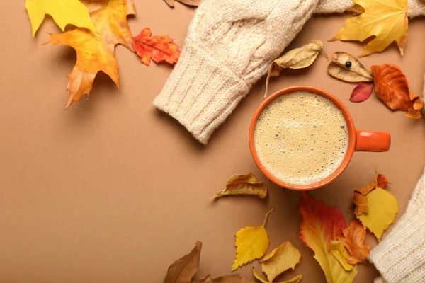 Composition Cup Coffee Sweater Autumn Leaves Brown Background — Stock Photo, Image