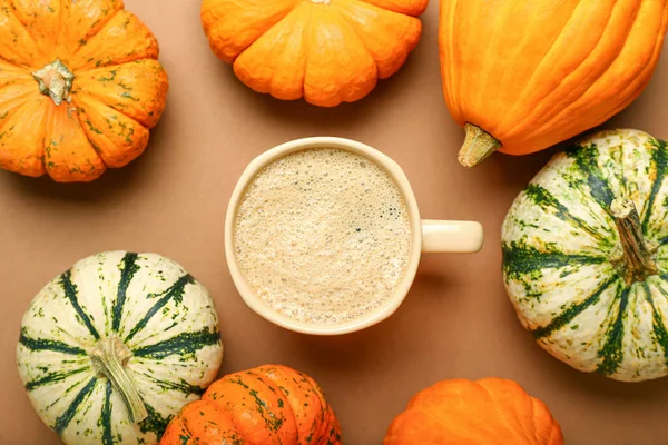 Composition Cup Coffee Pumpkins Brown Background — Stock Photo, Image