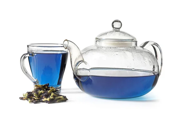 Cup Teapot Butterfly Pea Flower Tea White Background — Stock Photo, Image