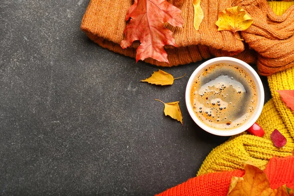 Beautiful Autumn Composition Cup Coffee Leaves Sweaters Black Background — Stock Photo, Image