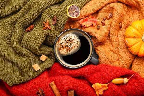 Beautiful Autumn Composition Cup Coffee Sweaters — Stock Photo, Image