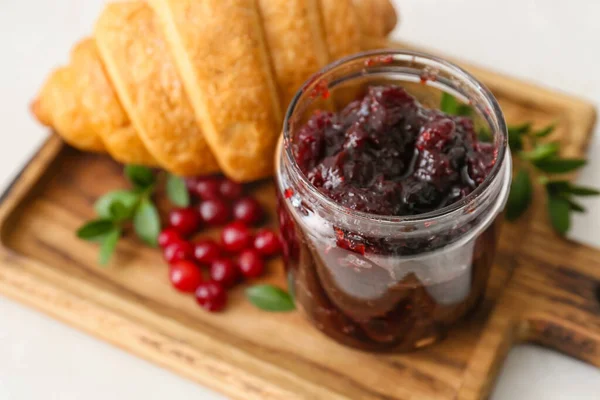 Jar Tasty Lingonberry Jam Croissant White Background — Stock Photo, Image