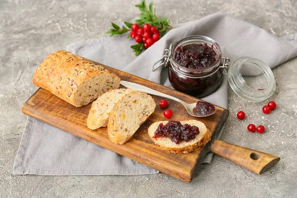 Wooden Board Tasty Toasts Lingonberry Jam Grey Background — Stock Photo, Image
