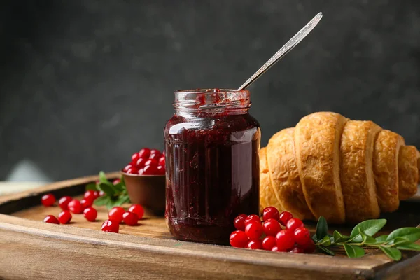 Jar Tasty Lingonberry Jam Berries Croissant Table — Stock Photo, Image