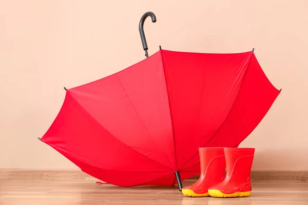 Pair Rubber Boots Umbrella Floor Color Wall — Stock Photo, Image