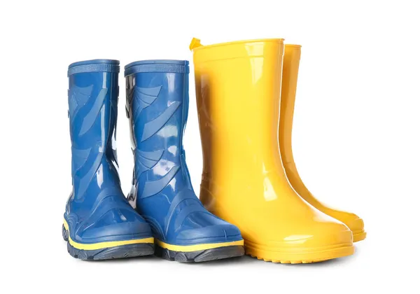 Bottes Pluie Caoutchouc Différentes Sur Fond Blanc — Photo