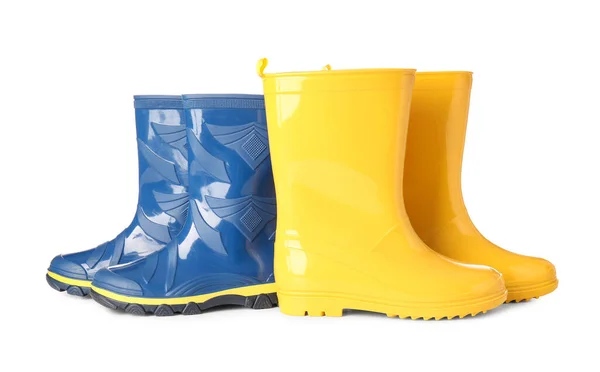 Bottes Pluie Caoutchouc Différentes Sur Fond Blanc — Photo