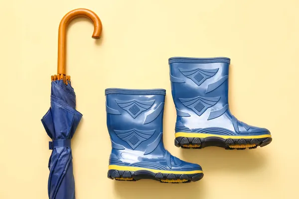 Pair Rubber Boots Umbrella Color Background Closeup — Stock Photo, Image