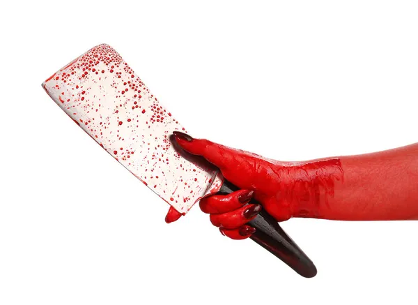 Mão Com Cutelo Manchado Sangue Fundo Branco — Fotografia de Stock