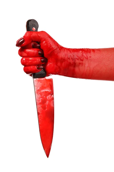 Mano Con Cuchillo Manchado Sangre Sobre Fondo Blanco — Foto de Stock