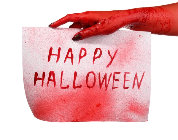 Bloodstained Hand Holding Papier Met Tekst Happy Halloween Witte Achtergrond — Stockfoto